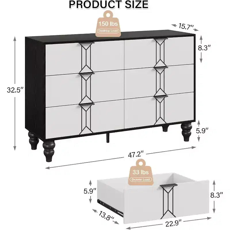 Wooden 6 Drawer Dresser with Vintage Pattern Design, Modern Chest Dresser with Deep Drawers for Bedroom, Living Room, Entryway