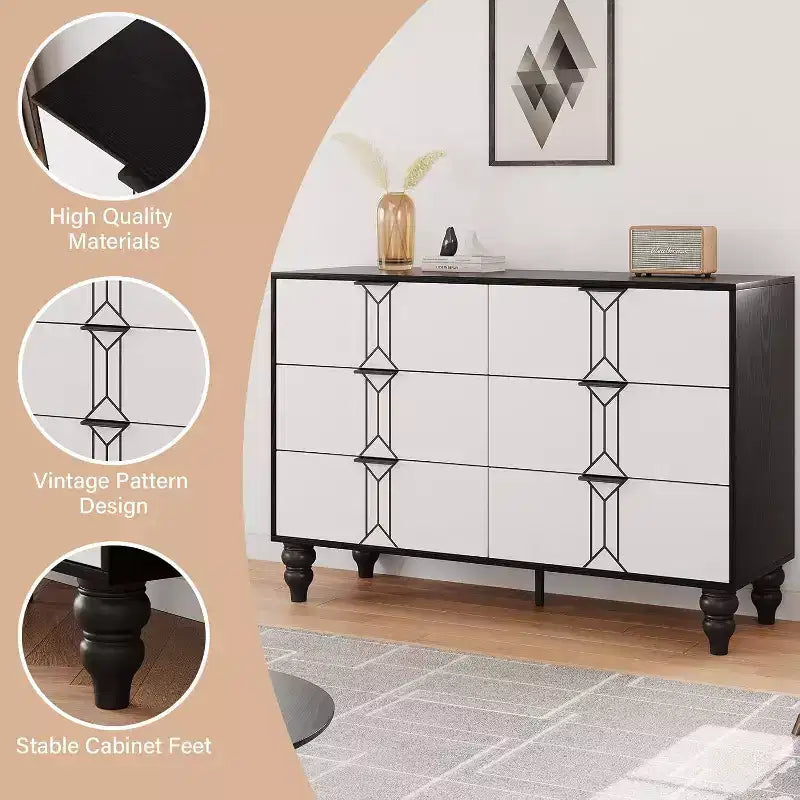 Wooden 6 Drawer Dresser with Vintage Pattern Design, Modern Chest Dresser with Deep Drawers for Bedroom, Living Room, Entryway