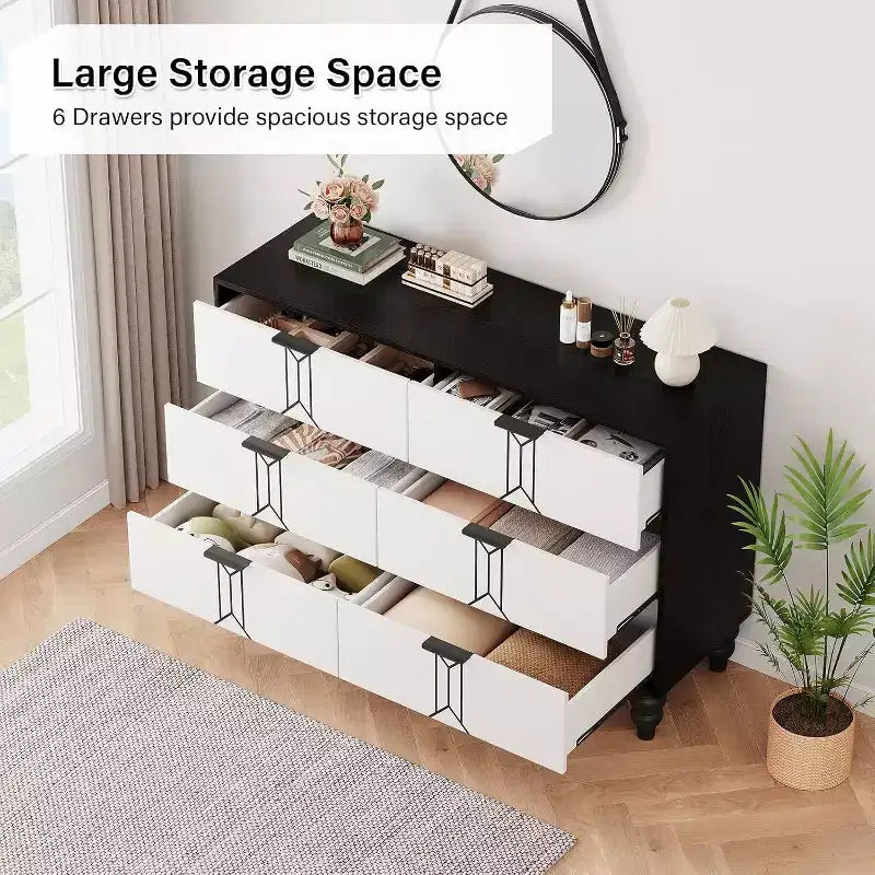 Wooden 6 Drawer Dresser with Vintage Pattern Design, Modern Chest Dresser with Deep Drawers for Bedroom, Living Room, Entryway