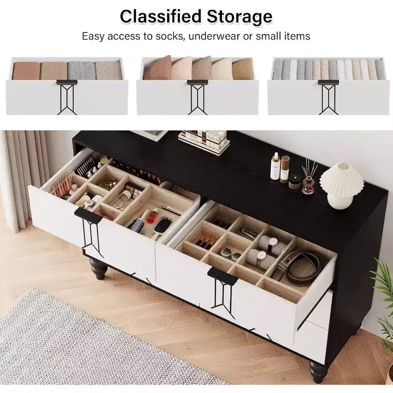 Wooden 6 Drawer Dresser with Vintage Pattern Design, Modern Chest Dresser with Deep Drawers for Bedroom, Living Room, Entryway