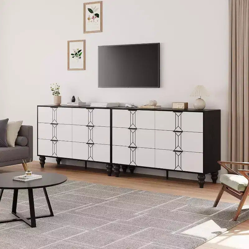 Wooden 6 Drawer Dresser with Vintage Pattern Design, Modern Chest Dresser with Deep Drawers for Bedroom, Living Room, Entryway
