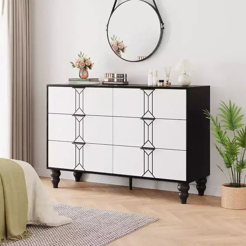 Wooden 6 Drawer Dresser with Vintage Pattern Design, Modern Chest Dresser with Deep Drawers for Bedroom, Living Room, Entryway
