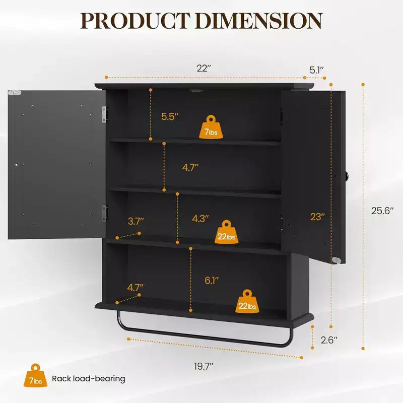 RoyalCraft Bathroom Medicine Cabinet, Wall Mount Storage with Mirror, Towel Bar, and Adjustable Shelves for Wash Room, Laundry, Black