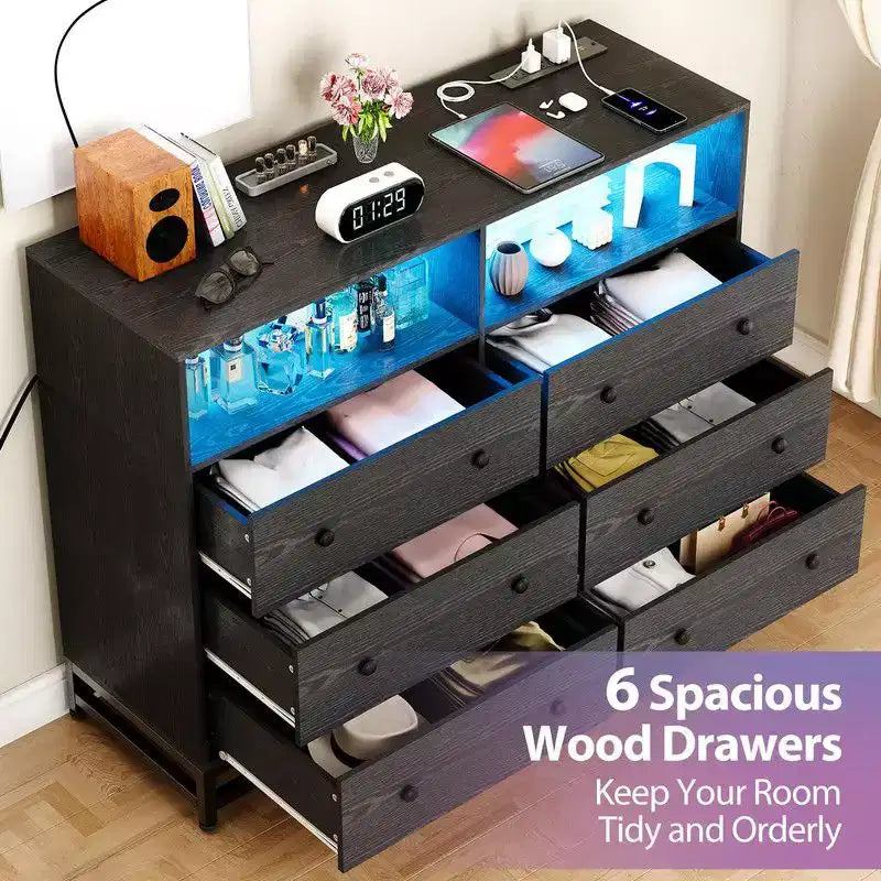 47Wood Dressers For Bedroom with 6 Drawer, Wooden Dresser With Led Lights and Power Outlet