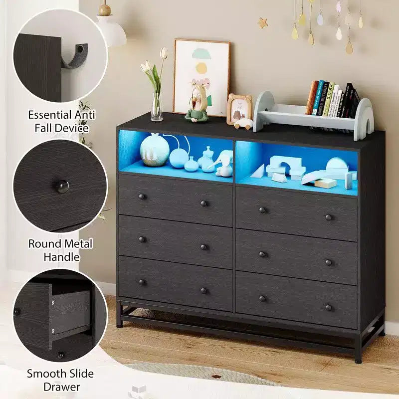 47Wood Dressers For Bedroom with 6 Drawer, Wooden Dresser With Led Lights and Power Outlet