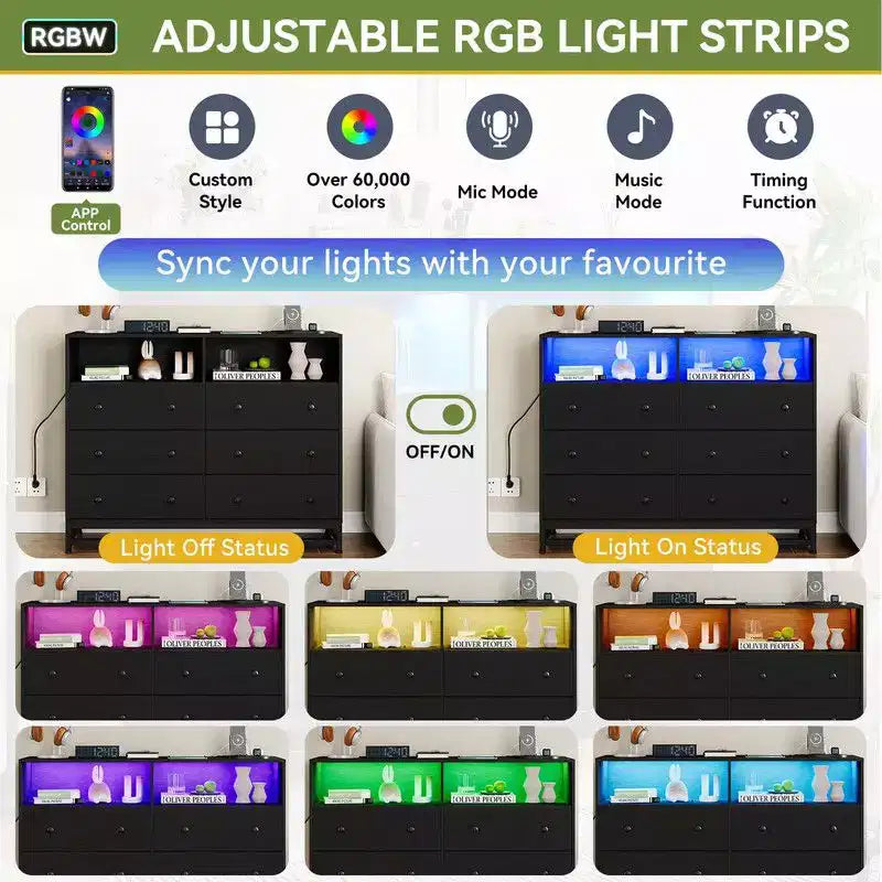 47Wood Dressers For Bedroom with 6 Drawer, Wooden Dresser With Led Lights and Power Outlet