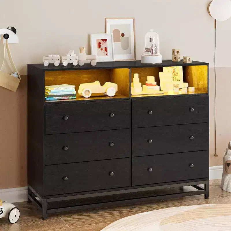 47Wood Dressers For Bedroom with 6 Drawer, Wooden Dresser With Led Lights and Power Outlet
