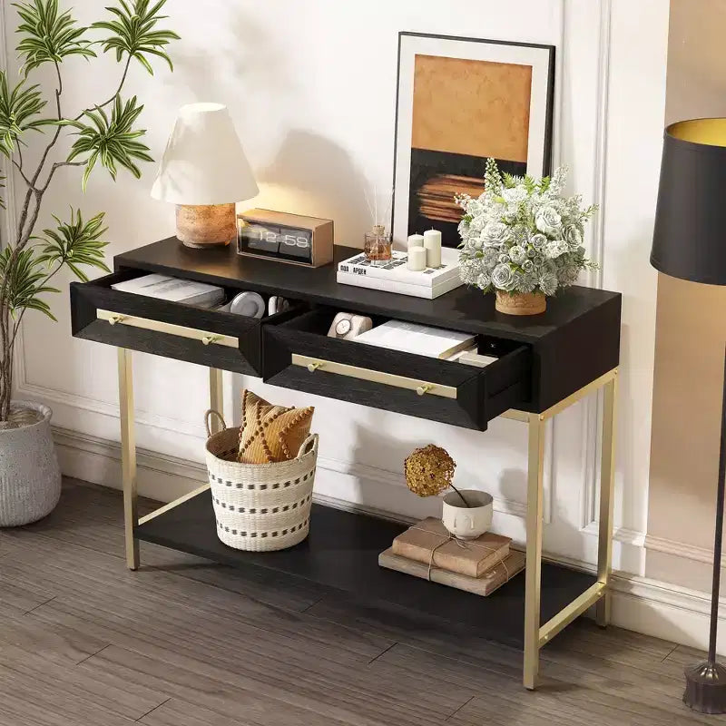 MAYEERTY Console Table with Two Drawers Retro Striking Geometric Design for Living Room Black