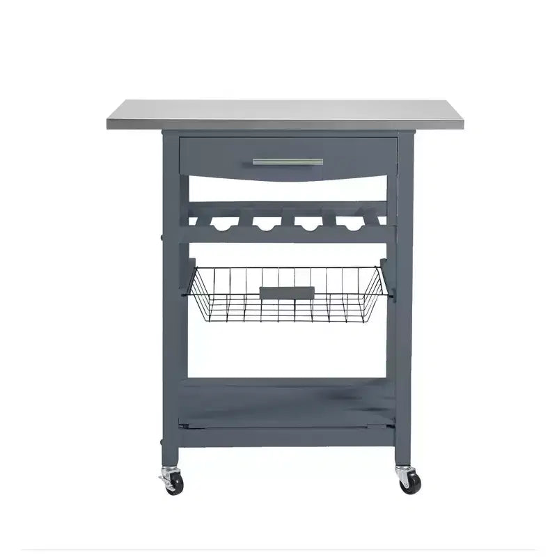30Mobile Rolling Kitchen Island Trolley Serving Cart with Underneath Drawer & Slide-Out Wire Storage Basket