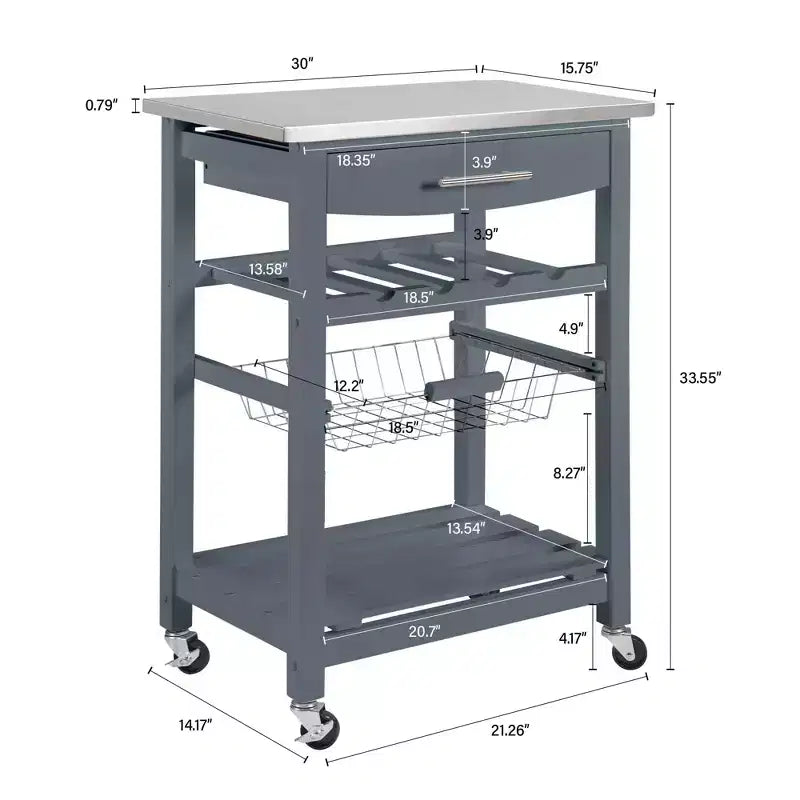 30Mobile Rolling Kitchen Island Trolley Serving Cart with Underneath Drawer & Slide-Out Wire Storage Basket