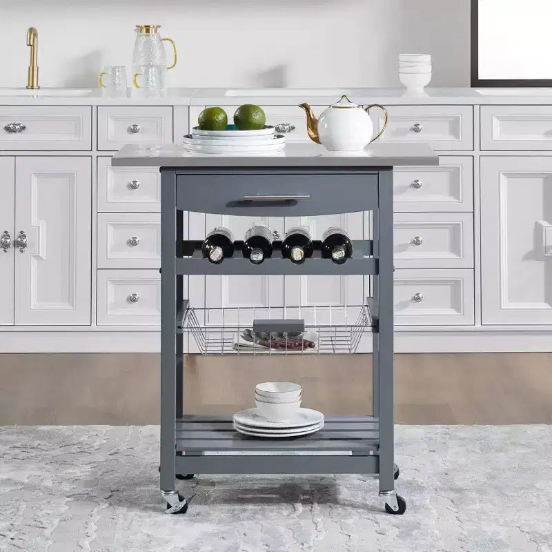 30Mobile Rolling Kitchen Island Trolley Serving Cart with Underneath Drawer & Slide-Out Wire Storage Basket