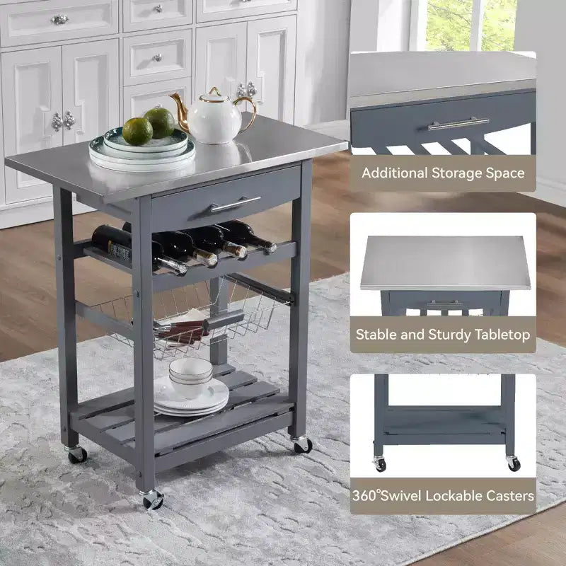 30Mobile Rolling Kitchen Island Trolley Serving Cart with Underneath Drawer & Slide-Out Wire Storage Basket