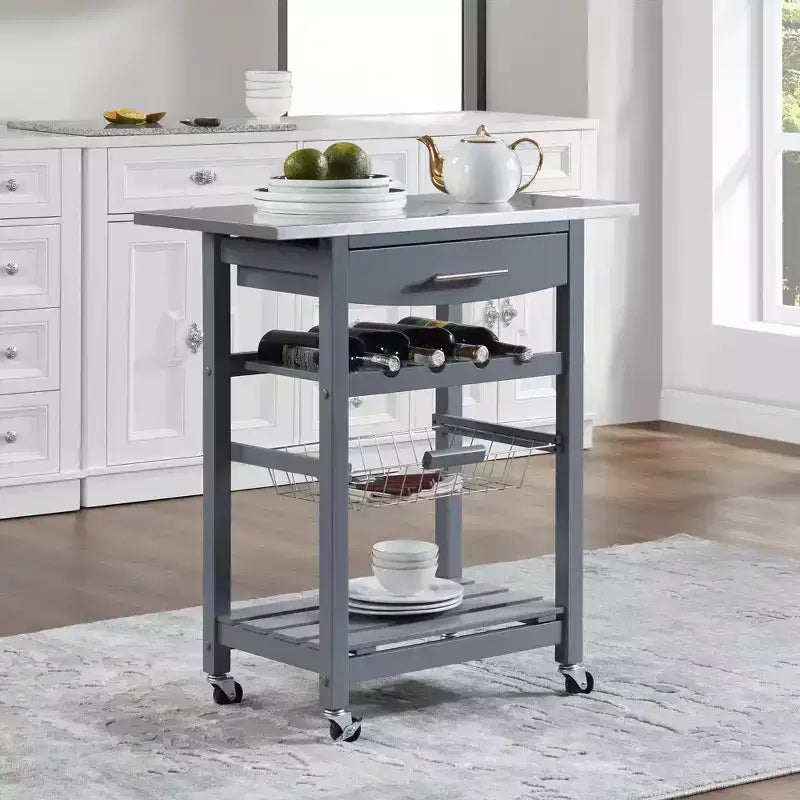 30Mobile Rolling Kitchen Island Trolley Serving Cart with Underneath Drawer & Slide-Out Wire Storage Basket