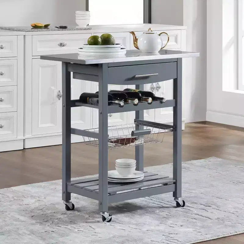 30Mobile Rolling Kitchen Island Trolley Serving Cart with Underneath Drawer & Slide-Out Wire Storage Basket