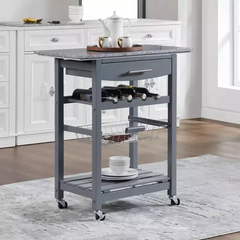 30Mobile Rolling Kitchen Island Trolley Serving Cart with Underneath Drawer & Slide-Out Wire Storage Basket