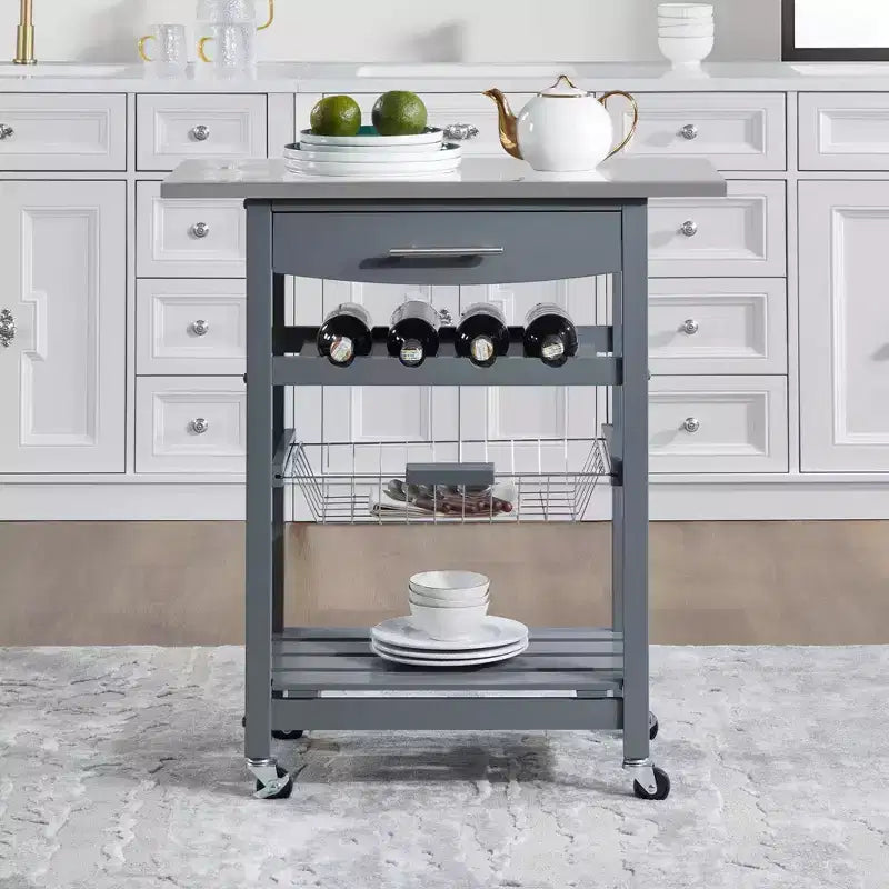 30Mobile Rolling Kitchen Island Trolley Serving Cart with Underneath Drawer & Slide-Out Wire Storage Basket