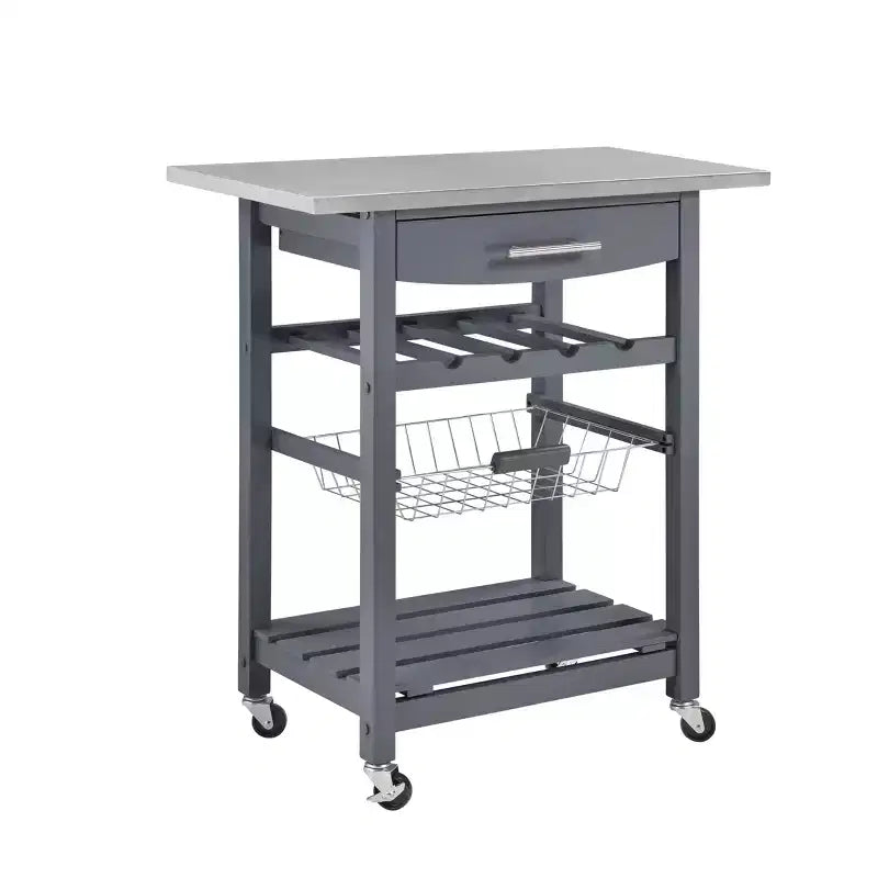 30Mobile Rolling Kitchen Island Trolley Serving Cart with Underneath Drawer & Slide-Out Wire Storage Basket