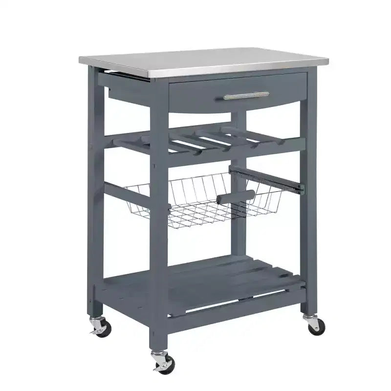 30Mobile Rolling Kitchen Island Trolley Serving Cart with Underneath Drawer & Slide-Out Wire Storage Basket