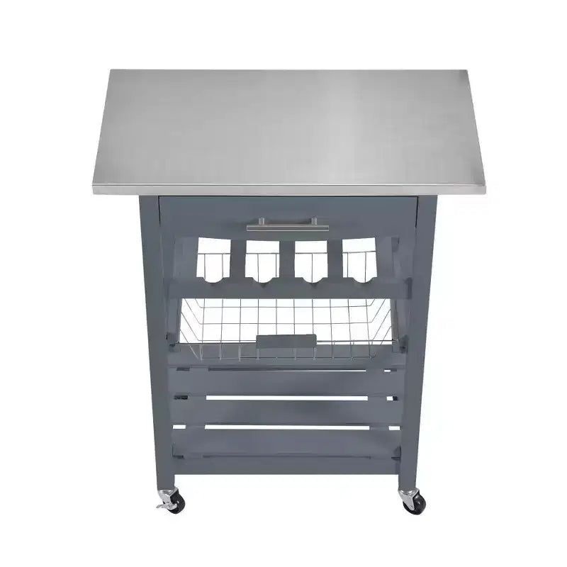 30Mobile Rolling Kitchen Island Trolley Serving Cart with Underneath Drawer & Slide-Out Wire Storage Basket