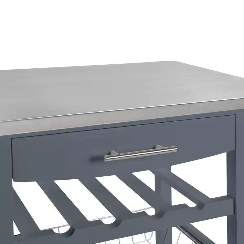 30Mobile Rolling Kitchen Island Trolley Serving Cart with Underneath Drawer & Slide-Out Wire Storage Basket