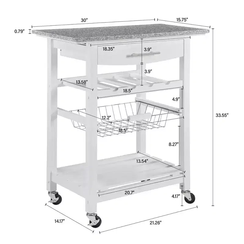 30Mobile Rolling Kitchen Island Trolley Serving Cart with Underneath Drawer & Slide-Out Wire Storage Basket