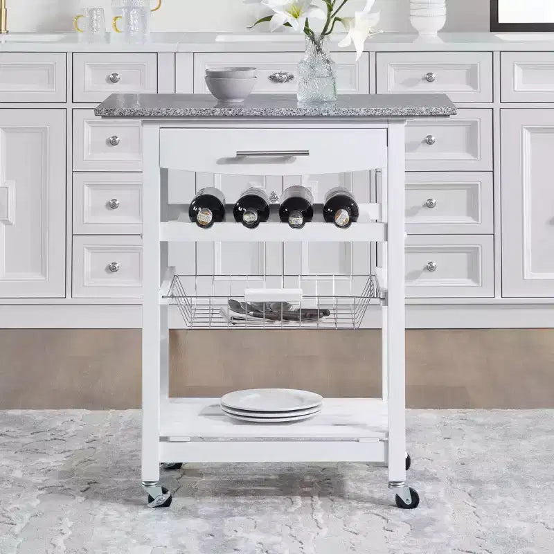 30Mobile Rolling Kitchen Island Trolley Serving Cart with Underneath Drawer & Slide-Out Wire Storage Basket