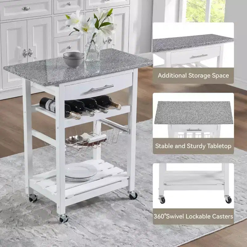 30Mobile Rolling Kitchen Island Trolley Serving Cart with Underneath Drawer & Slide-Out Wire Storage Basket