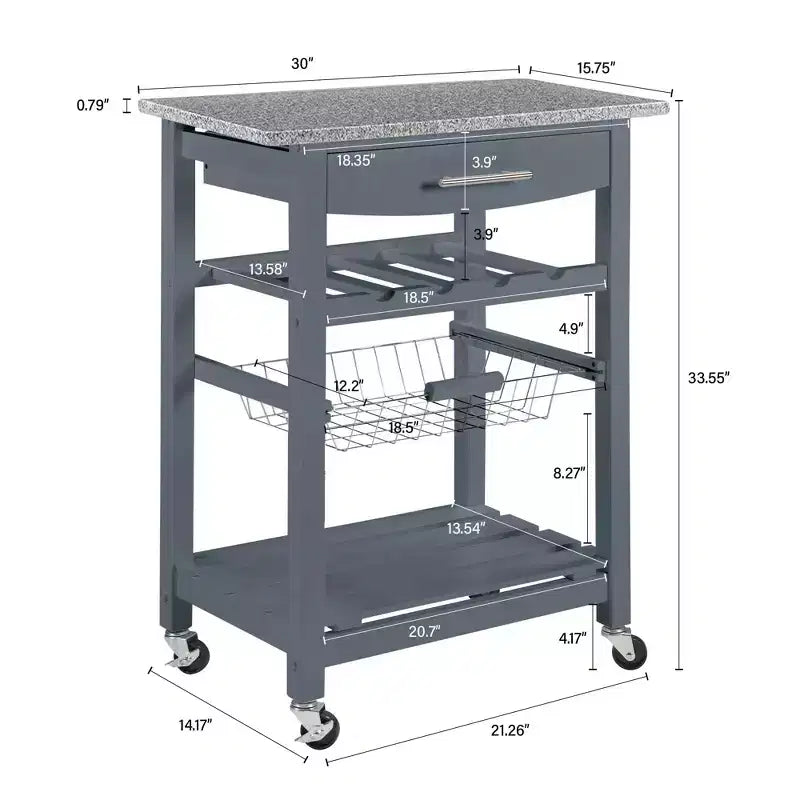 30Mobile Rolling Kitchen Island Trolley Serving Cart with Underneath Drawer & Slide-Out Wire Storage Basket