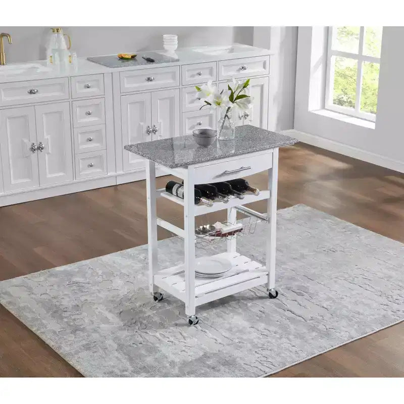 30Mobile Rolling Kitchen Island Trolley Serving Cart with Underneath Drawer & Slide-Out Wire Storage Basket
