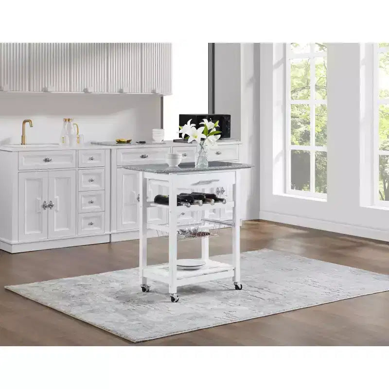 30Mobile Rolling Kitchen Island Trolley Serving Cart with Underneath Drawer & Slide-Out Wire Storage Basket