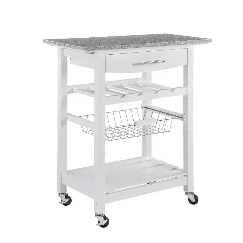 30Mobile Rolling Kitchen Island Trolley Serving Cart with Underneath Drawer & Slide-Out Wire Storage Basket