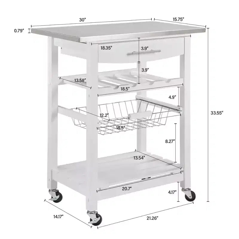30Mobile Rolling Kitchen Island Trolley Serving Cart with Underneath Drawer & Slide-Out Wire Storage Basket