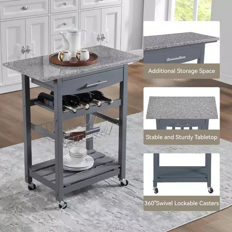 30Mobile Rolling Kitchen Island Trolley Serving Cart with Underneath Drawer & Slide-Out Wire Storage Basket
