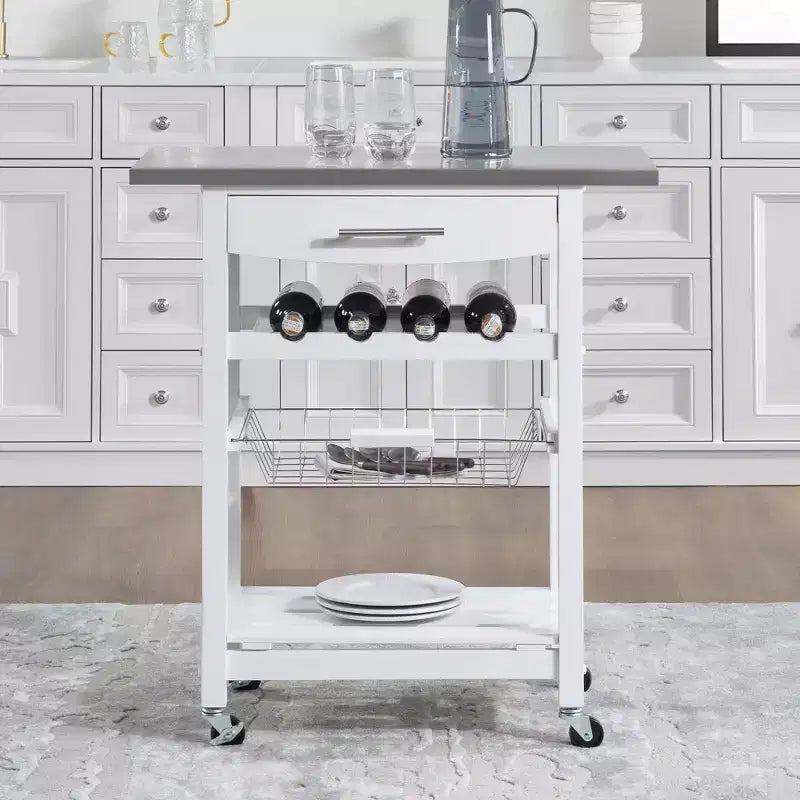30Mobile Rolling Kitchen Island Trolley Serving Cart with Underneath Drawer & Slide-Out Wire Storage Basket