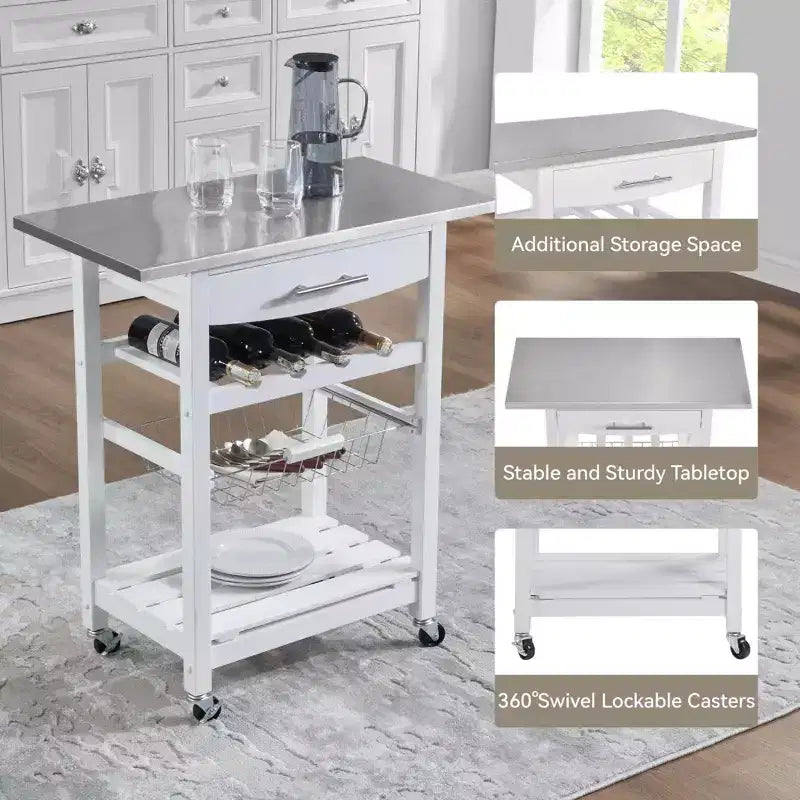 30Mobile Rolling Kitchen Island Trolley Serving Cart with Underneath Drawer & Slide-Out Wire Storage Basket