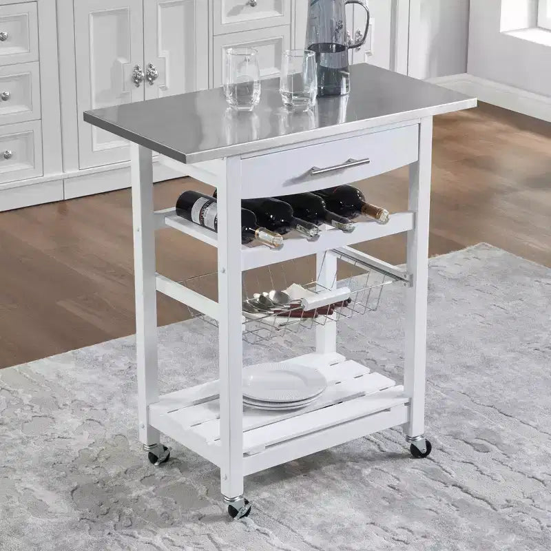 30Mobile Rolling Kitchen Island Trolley Serving Cart with Underneath Drawer & Slide-Out Wire Storage Basket