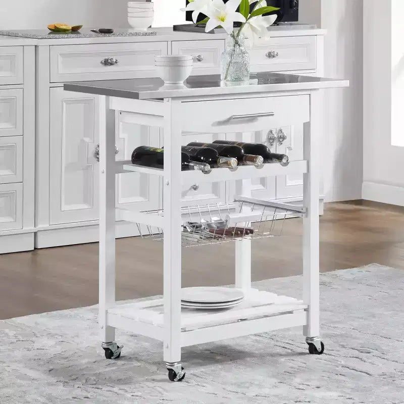 30Mobile Rolling Kitchen Island Trolley Serving Cart with Underneath Drawer & Slide-Out Wire Storage Basket