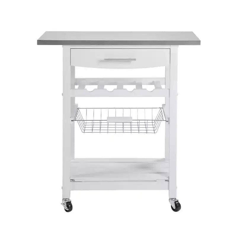 30Mobile Rolling Kitchen Island Trolley Serving Cart with Underneath Drawer & Slide-Out Wire Storage Basket