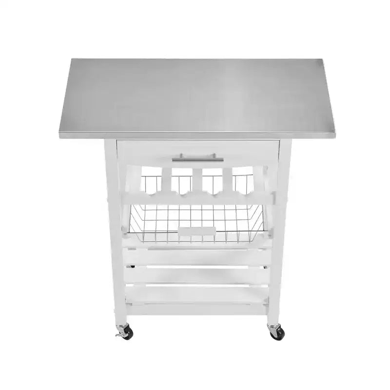 30Mobile Rolling Kitchen Island Trolley Serving Cart with Underneath Drawer & Slide-Out Wire Storage Basket