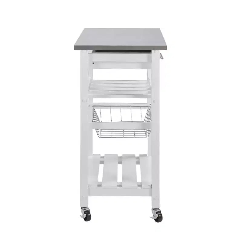 30Mobile Rolling Kitchen Island Trolley Serving Cart with Underneath Drawer & Slide-Out Wire Storage Basket