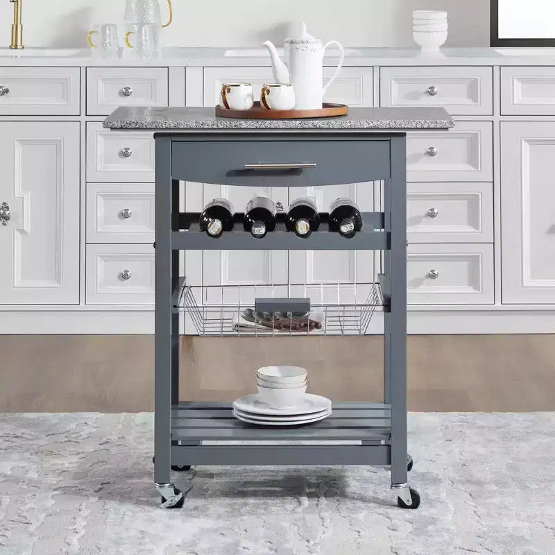 30Mobile Rolling Kitchen Island Trolley Serving Cart with Underneath Drawer & Slide-Out Wire Storage Basket