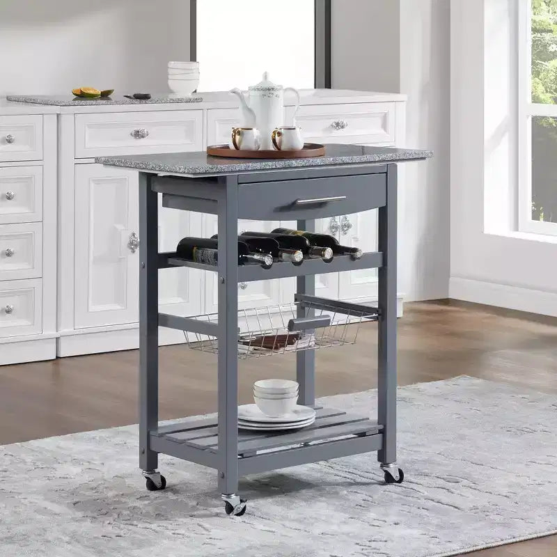 30Mobile Rolling Kitchen Island Trolley Serving Cart with Underneath Drawer & Slide-Out Wire Storage Basket