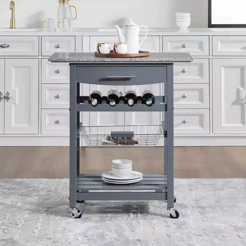 30Mobile Rolling Kitchen Island Trolley Serving Cart with Underneath Drawer & Slide-Out Wire Storage Basket
