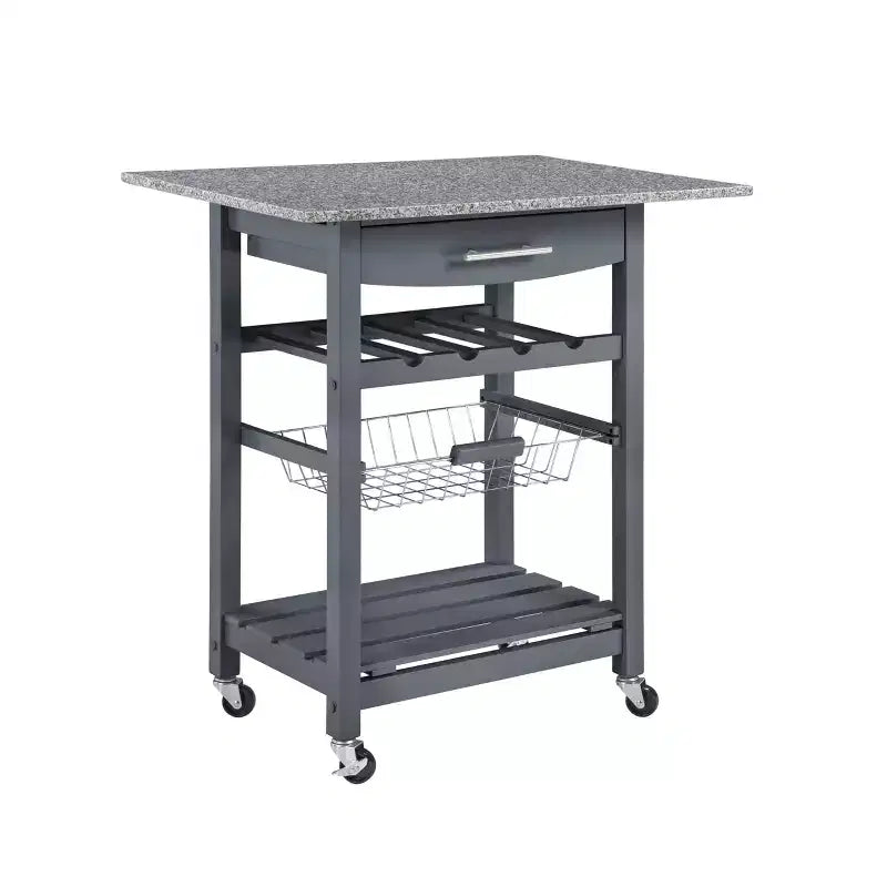 30Mobile Rolling Kitchen Island Trolley Serving Cart with Underneath Drawer & Slide-Out Wire Storage Basket