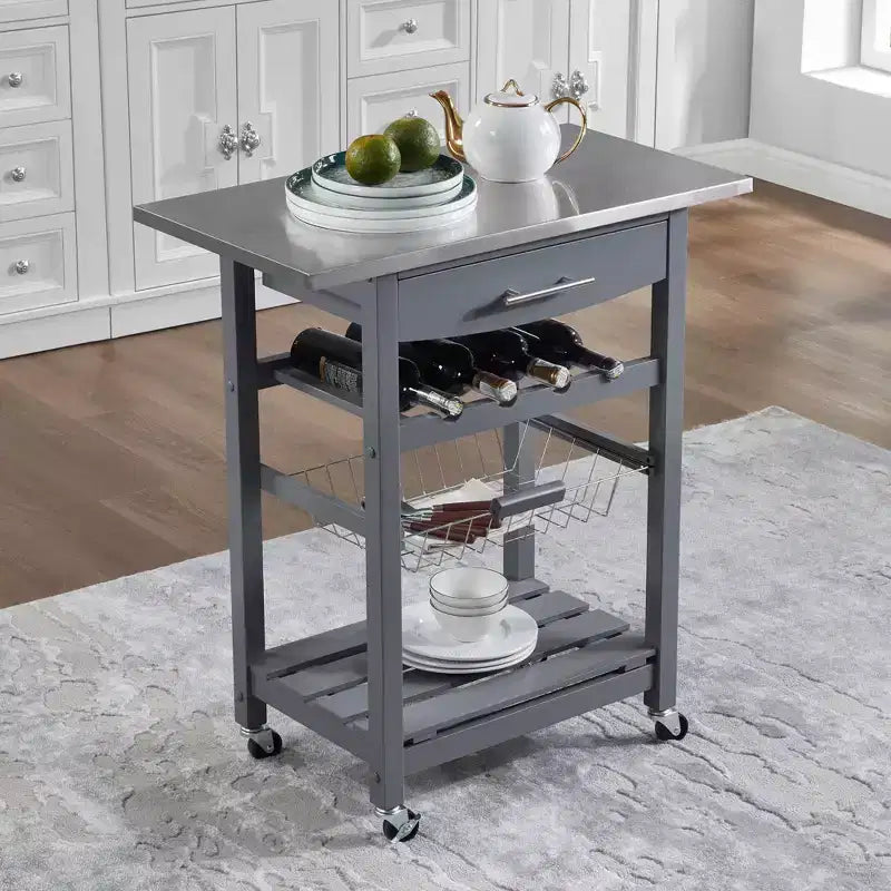 30Mobile Rolling Kitchen Island Trolley Serving Cart with Underneath Drawer & Slide-Out Wire Storage Basket