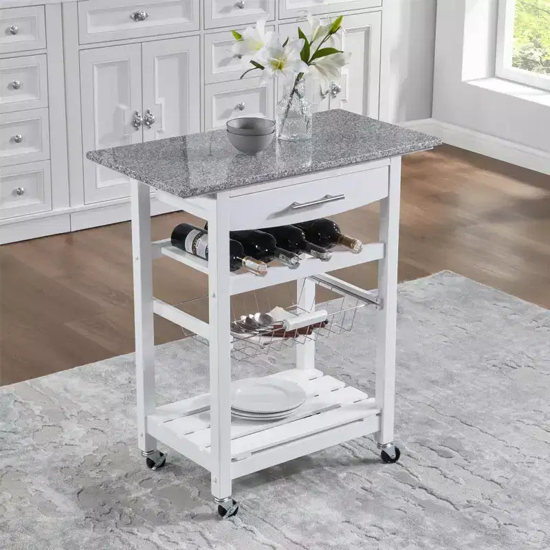 30Mobile Rolling Kitchen Island Trolley Serving Cart with Underneath Drawer & Slide-Out Wire Storage Basket