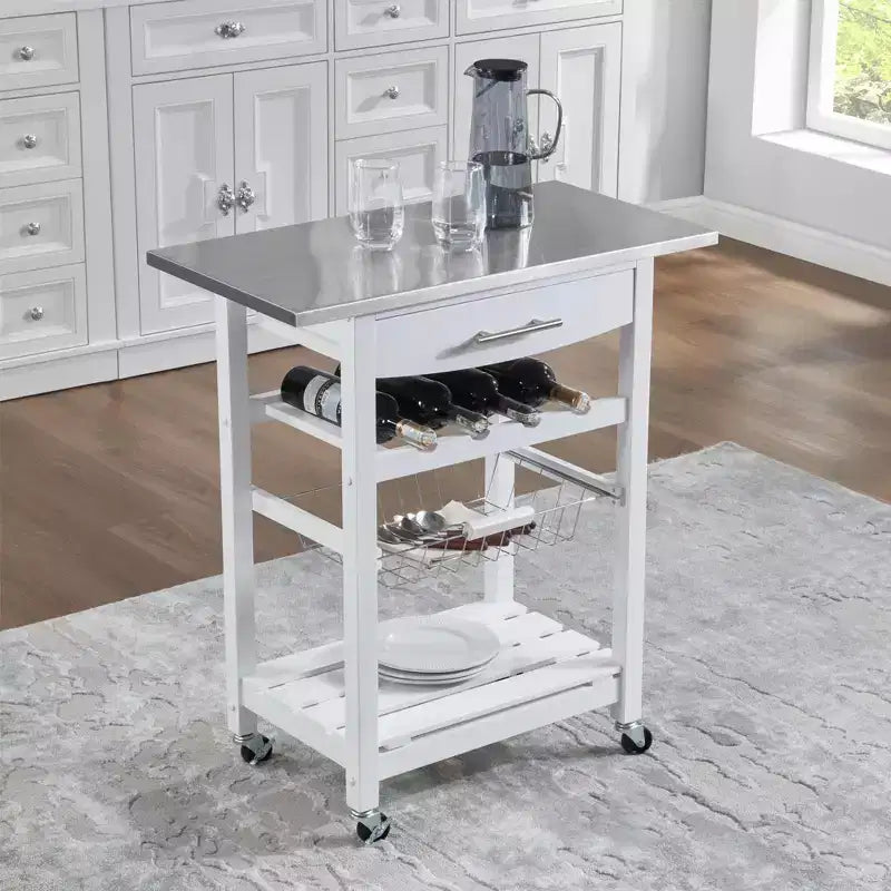 30Mobile Rolling Kitchen Island Trolley Serving Cart with Underneath Drawer & Slide-Out Wire Storage Basket