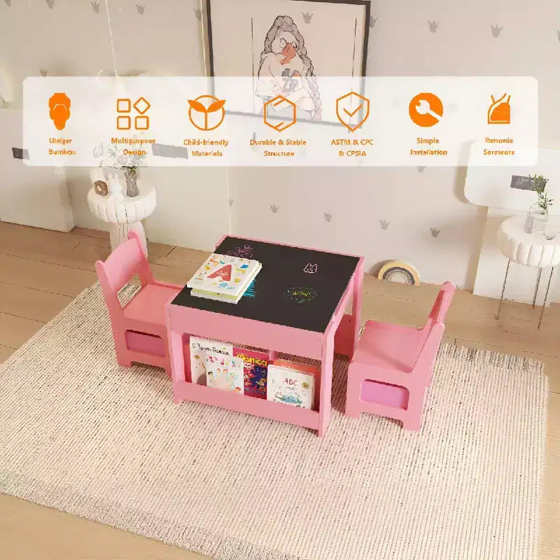 4-in-1 Activity Table Set with Detachable Tabletop, Table Set with Drawers and Bookshelf, Multifunctional Toddler Furniture for Drawing, Reading