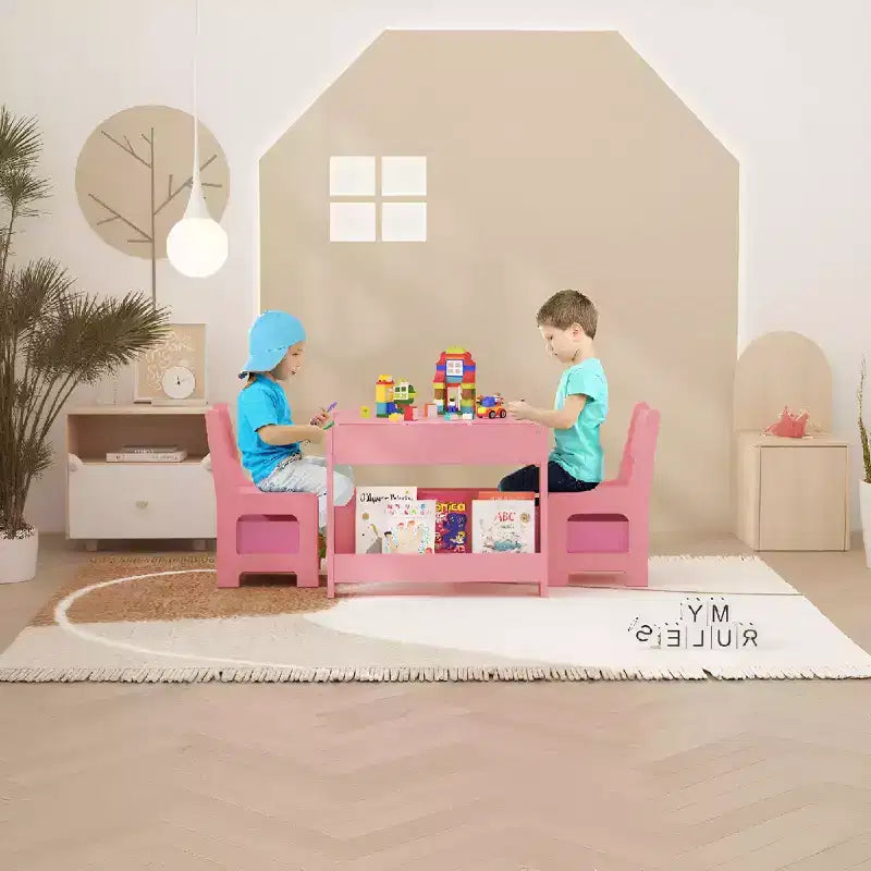 4-in-1 Activity Table Set with Detachable Tabletop, Table Set with Drawers and Bookshelf, Multifunctional Toddler Furniture for Drawing, Reading