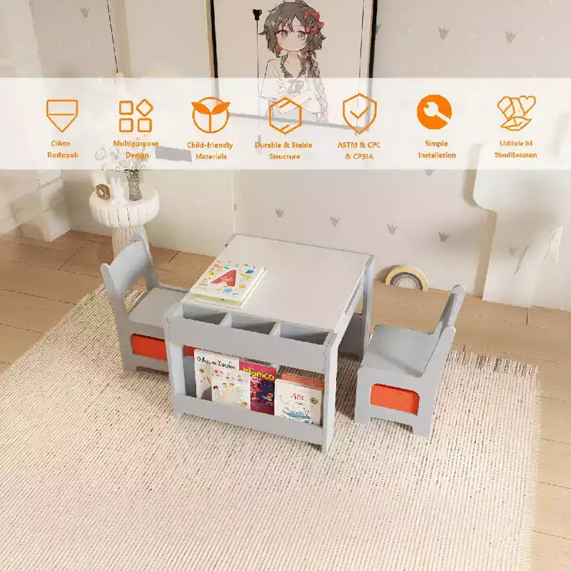 4-in-1 Activity Table Set with Detachable Tabletop, Table Set with Drawers and Bookshelf, Multifunctional Toddler Furniture for Drawing, Reading